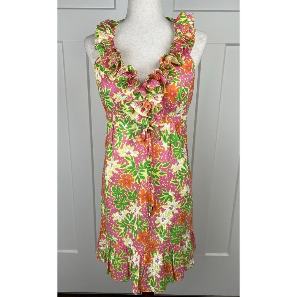Lilly Pulitzer Ruffle Halter Dress Floral Pink Green Orange Cotton Lined Size 0